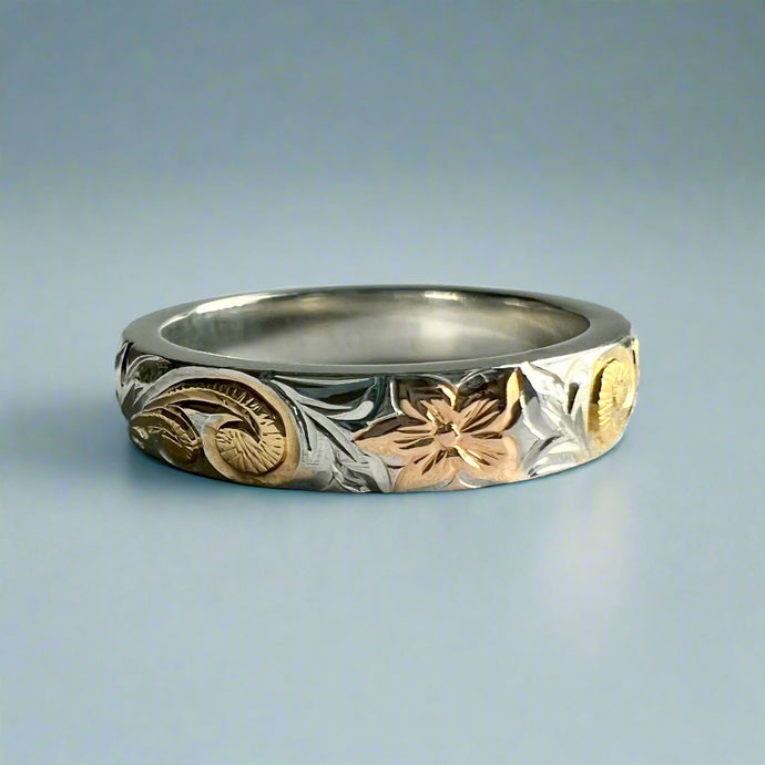Tri-Color Hawaiian Haku Lei 4mm Ring in Platinum