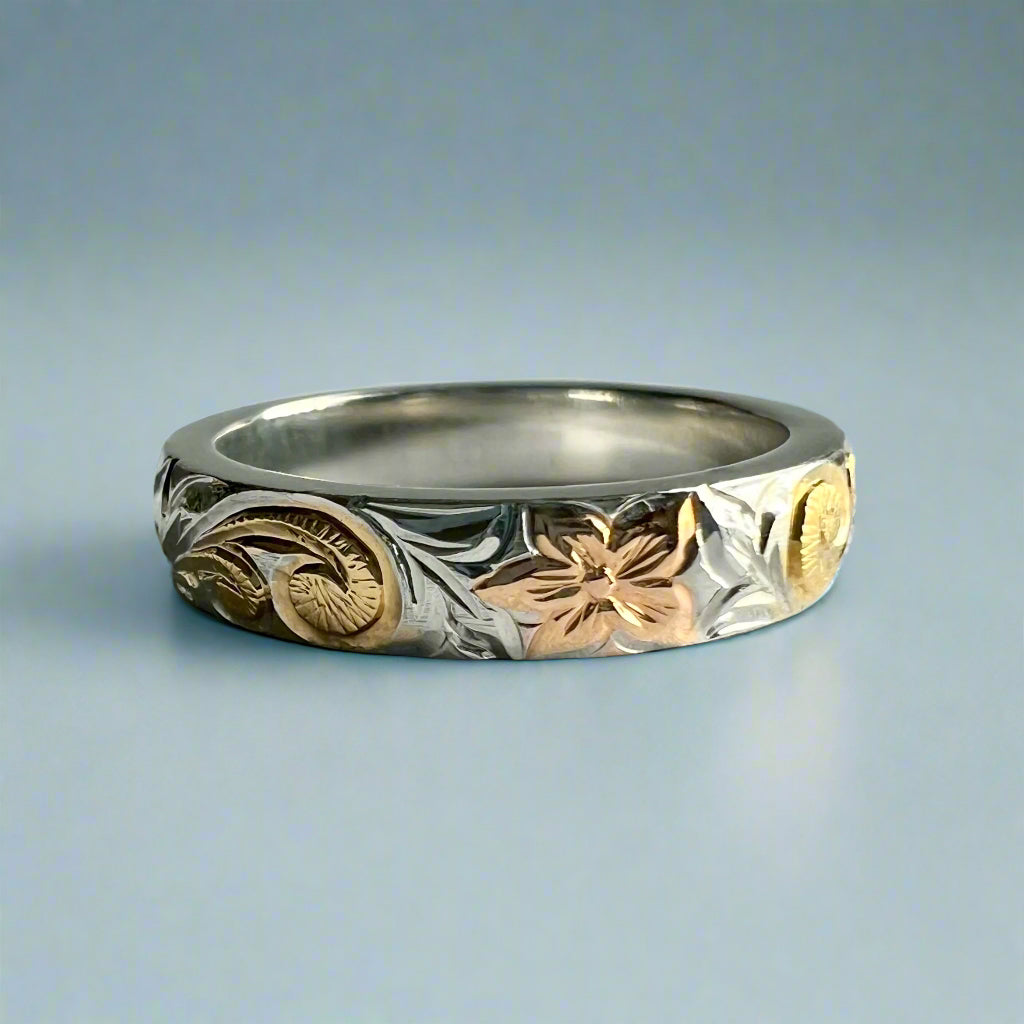 Tri-Color Hawaiian Haku Lei 4mm Ring in Platinum