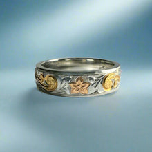 Load image into Gallery viewer, Tri-Color Hawaiian Haku Lei 6mm Ring in Platinum and 18K Gold
