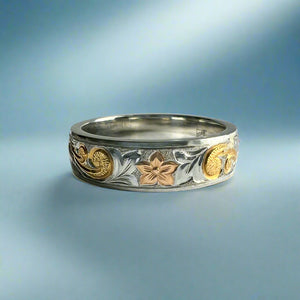 Tri-Color Hawaiian Haku Lei 6mm Ring in Platinum and 18K Gold