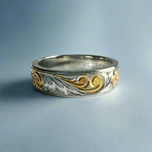 Load image into Gallery viewer, Tri-Color Hawaiian Haku Lei 6mm Ring in Platinum and 18K Gold
