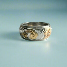 Load image into Gallery viewer, Tri-Color Hawaiian Haku Lei 8mm Ring in 14K Gold
