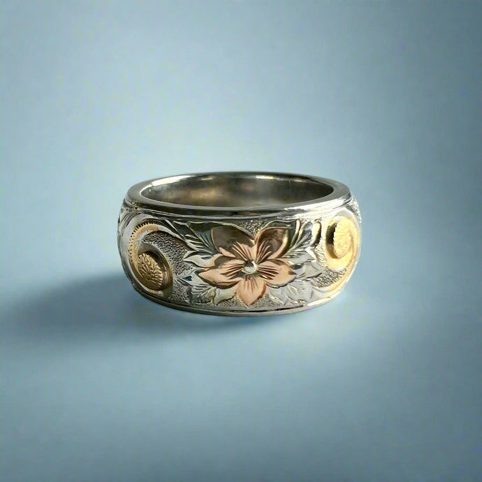 Tri-Color Hawaiian Haku Lei 8mm Ring in 14K Gold