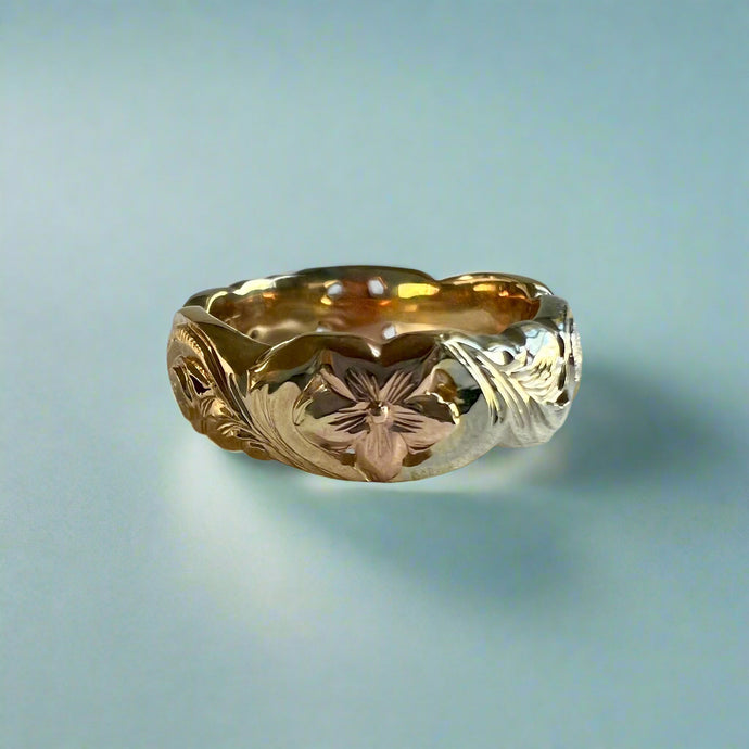 Tri-Color Scalloped 6mm Pukalani Hawaiian Ring in 14K Gold
