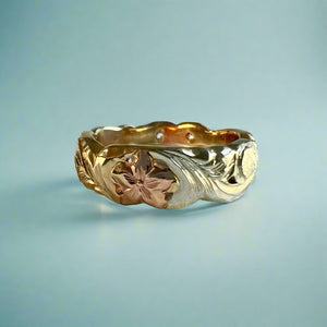 Tri-Color Scalloped 6mm Pukalani Hawaiian Ring in 14K Gold