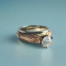 Load image into Gallery viewer, Two-Tone Old English &amp; Hibiscus 6mm Solitaire Ring w/ Cubic Zirconia in 14K Pink &amp; White Gold
