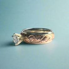Load image into Gallery viewer, Two-Tone Old English &amp; Hibiscus 6mm Solitaire Ring w/ Cubic Zirconia in 14K Pink &amp; White Gold
