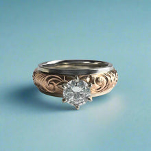 Load image into Gallery viewer, Two-Tone Old English &amp; Hibiscus 6mm Solitaire Ring w/ Cubic Zirconia in 14K Pink &amp; White Gold
