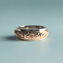 Load image into Gallery viewer, Two-Tone Old English &amp; Hibiscus 6mm Solitaire Ring w/ Cubic Zirconia in 14K Pink &amp; White Gold
