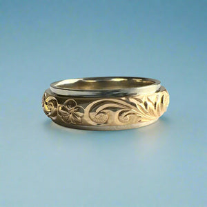 Two-Tone Old English & Plumeria 6mm Ring in 14K White & Yellow Gold