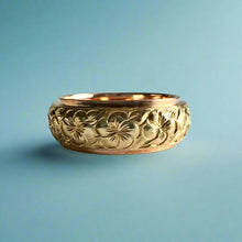Load image into Gallery viewer, Two-Tone Plumeria with Leaves 8mm Ring in 14K Pink &amp; Yellow Gold Size 8 1/8
