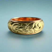 Load image into Gallery viewer, Two-Tone Old English &amp; Hibiscus Hawaiian 8mm Ring in 14K Pink &amp; Green Gold
