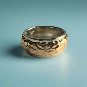 Two-Tone Scalloped Top Shiny Maile & Hibiscus 8mm Ring in 14K White & Yellow Gold