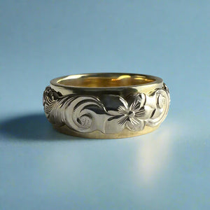 Two-Tone Scalloped Top Old English & Hibiscus 8mm Ring in 14K Green & White Gold