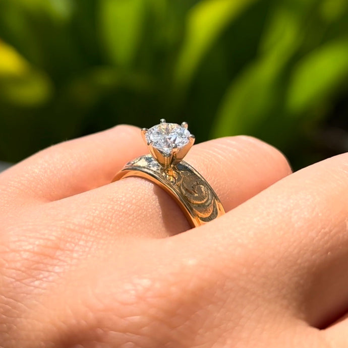 Kaimana Kula Old English & Hibiscus 6mm Solitaire Ring with Cubic Zirconia in 14K Yellow Gold in size 8 1/4