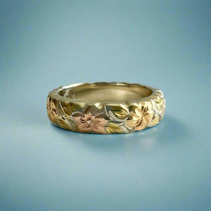 Tri-Color Scalloped Haku Lei 4mm Ring in 14K Gold