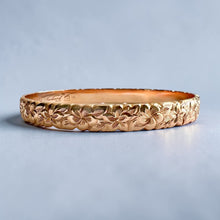 Load image into Gallery viewer, Scalloped Hibiscus &amp; Plumeria with Leaves 8mm Bangle Bracelet in 14K Pink Gold in size 7 5/8
