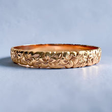Load image into Gallery viewer, Scalloped Hibiscus &amp; Plumeria with Leaves 8mm Bangle Bracelet in 14K Pink Gold in size 7 5/8
