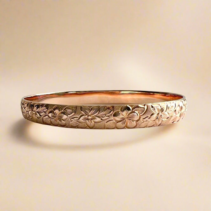 Hibiscus & Plumeria with Leaves 8mm Hawaiian Bangle Bracelet in 14K Pink Gold