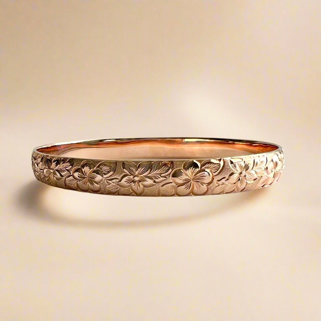 Hibiscus & Plumeria with Leaves 8mm Hawaiian Bangle Bracelet in 14K Pink Gold