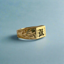 Load image into Gallery viewer, Old English &amp; Hibiscus Signet Ring with  Black Initial &quot;K&quot; in 14K Yellow Gold
