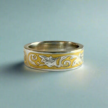 Load image into Gallery viewer, Ali&#39;i 6mm Flat Ring with Plumeria &amp; Old English on Yellow enamel background in 14K White Gold

