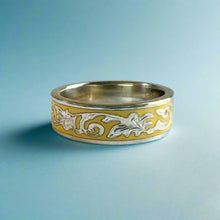 Load image into Gallery viewer, Ali&#39;i 6mm Flat Ring with Plumeria &amp; Old English on Yellow enamel background in 14K White Gold
