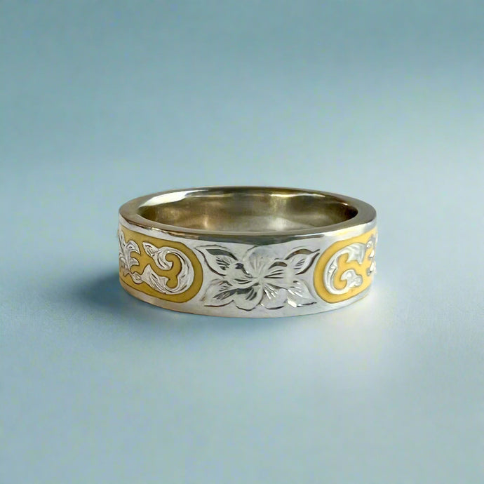 Ali'i 6mm Flat Ring with Plumeria & Old English on Yellow enamel background in 14K White Gold