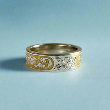 Load image into Gallery viewer, Ali&#39;i 6mm Flat Ring with Plumeria &amp; Old English on Yellow enamel background in 14K White Gold
