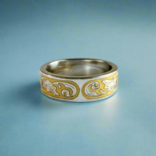 Load image into Gallery viewer, Ali&#39;i 6mm Flat Ring with Plumeria &amp; Old English on Yellow enamel background in 14K White Gold
