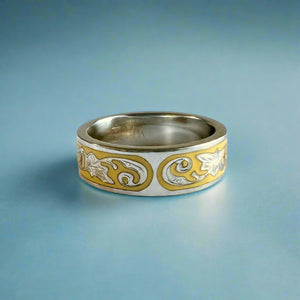 Ali'i 6mm Flat Ring with Plumeria & Old English on Yellow enamel background in 14K White Gold
