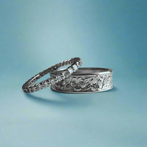 Diamond Ring Guard / Eternity Band 2mm in Platinum in size 7 & Concave Plumeria w/ Leaves 6mm Ring in 14K White Gold in size 9 5/8
