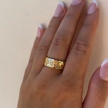 Load image into Gallery viewer, Old English &amp; Hibiscus 8mm Hawaiian Flat Ring in 14K Yellow Gold in size 8 1/2
