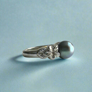 Small Plumeria with Leaf Pearl Ring in 14K White Gold in size 5 5/8