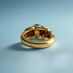 Plumeria with Slanted Bead Set Diamonds Black Pearl Ring in 14K Yellow Gold in size 4 1/2