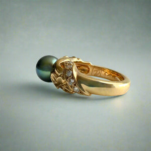 Plumeria with Slanted Bead Set Diamonds Black Pearl Ring in 14K Yellow Gold in size 4 1/2