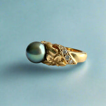 Load image into Gallery viewer, Plumeria with Slanted Bead Set Diamonds Black Pearl Ring in 14K Yellow Gold in size 4 1/2
