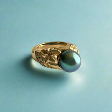 Load image into Gallery viewer, Plumeria with Slanted Bead Set Diamonds Black Pearl Ring in 14K Yellow Gold in size 4 1/2
