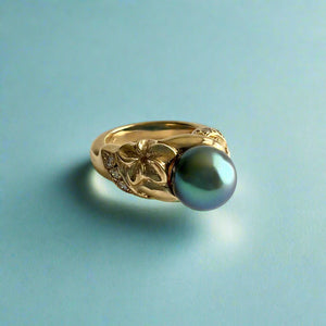 Plumeria with Slanted Bead Set Diamonds Black Pearl Ring in 14K Yellow Gold in size 4 1/2
