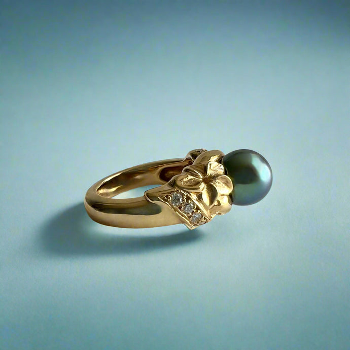 Plumeria with Slanted Bead Set Diamonds Black Pearl Ring in 14K Yellow Gold in size 4 1/2
