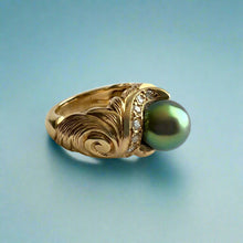 Load image into Gallery viewer, Old English &amp; Diamonds Black Pearl Ring in 14K Yellow Gold in size 5 1/2
