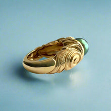 Load image into Gallery viewer, Old English &amp; Diamonds Black Pearl Ring in 14K Yellow Gold in size 5 1/2
