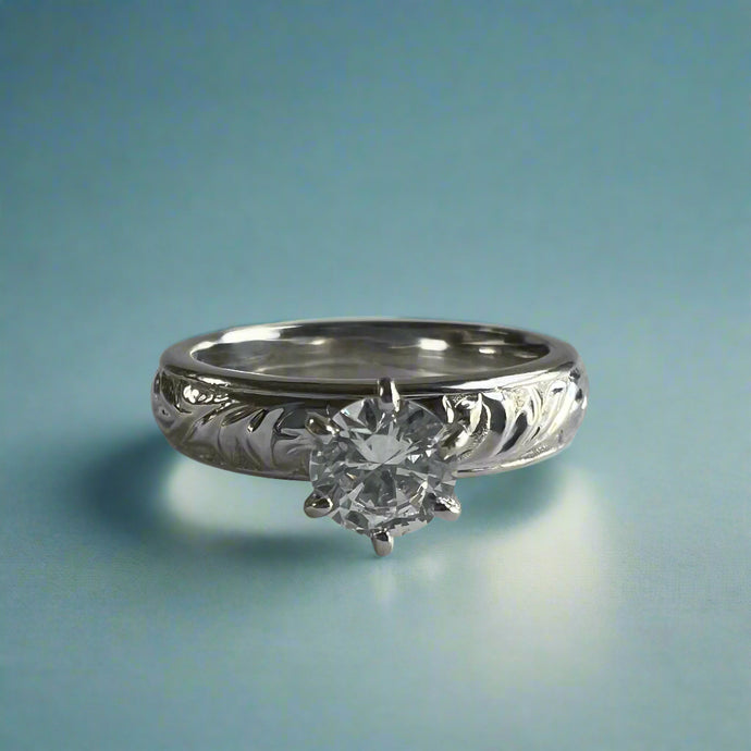 Shiny Old English Solitaire 4mm Ring with Cubic Zirconia in 14K White Gold in size 6