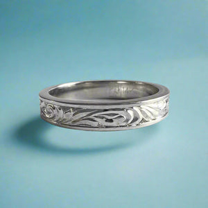 Shiny Old English 4mm Hawaiian Ring in 14K White or Pink Gold
