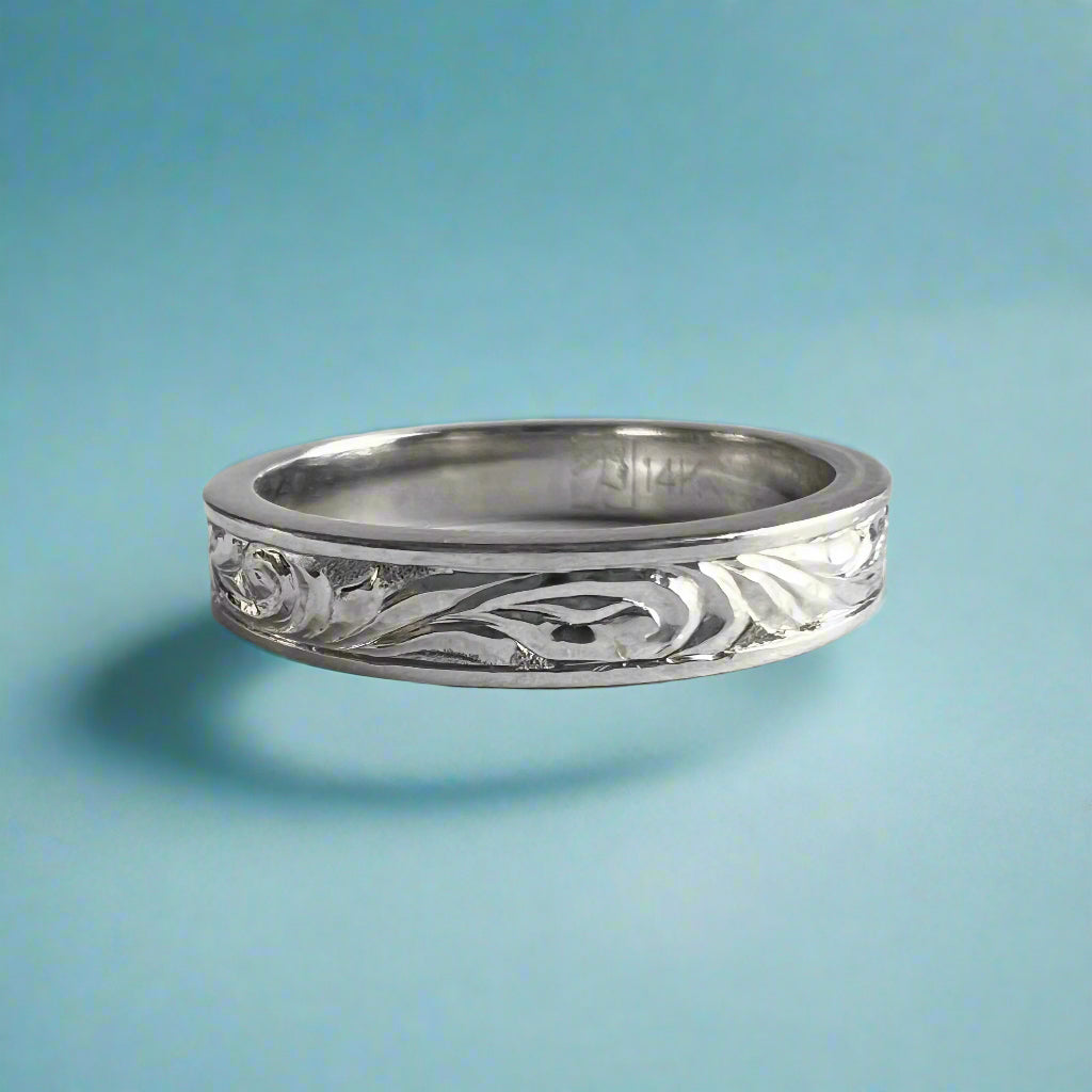 Shiny Old English 4mm Hawaiian Ring in 14K White or Pink Gold