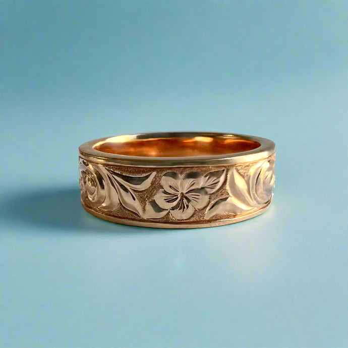 Shiny Old English & Plumeria 6mm Flat Ring in 14K Pink Gold in size 7