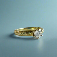 Load image into Gallery viewer, Kaimana Kula Plumeria with Leaves 3mm Solitaire Ring with Diamond in 14K Green Gold in size 3 7/8
