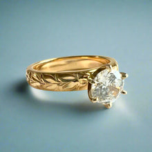 Load image into Gallery viewer, Kaimana Kula Shiny Maile &amp; Hibiscus 4mm Solitaire Ring with Cubic Zirconia in 14K Yellow Gold in size 8 1/8
