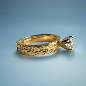 Kaimana Kula Shiny Maile & Hibiscus 4mm Solitaire Flat Ring with Cubic Zirconia in 14K Yellow Gold in size 5 1/8
