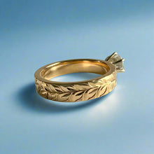 Load image into Gallery viewer, Kaimana Kula Shiny Maile &amp; Hibiscus 4mm Solitaire Flat Ring with Cubic Zirconia in 14K Yellow Gold in size 5 1/8
